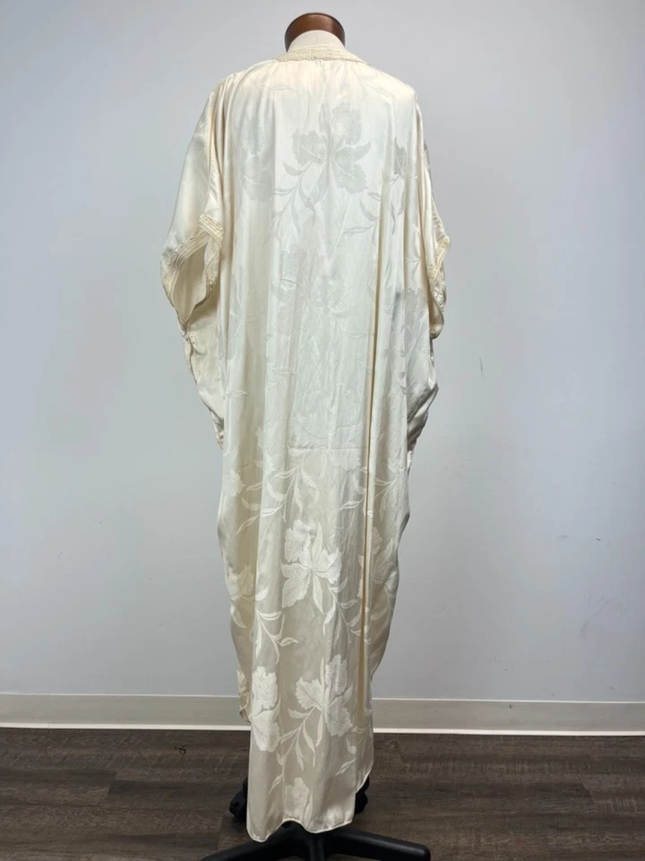 Vintage Ivory Satin Jacquard Kaftan Djellaba Maxi Dress Embroidered L - Image 4 of 4