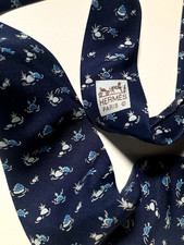 HERMES VINTAGE TORTOISE JUMPING FROM ROCK INTO WATER TIE HIGH END FRANCE BLUE