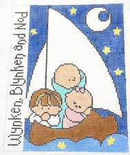 Hand Painted Needlepoint Canvas "Wynken, Blynken, and Nod" Sailing in a Shoe