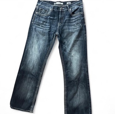 Buckle BKE Jake Jeans 32x32 Tagged 34R Distressed Bootcut Thick Stitch Y2K Denim