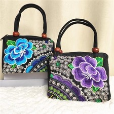 Womens Handbag Bohemian Floral Double Side Embroidered Bag Beaded Ethnic Purse