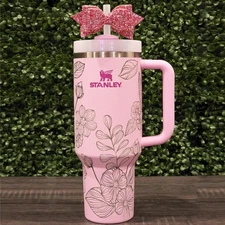 Stanley Cup Floral Design Tumbler 40oz | AUTHENTIC | Laser Engraved Custom Pink