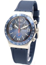 New Swiss Swatch IRONY BLUE GRID Chrono Silicone Date Watch 44mm YVS454 $210