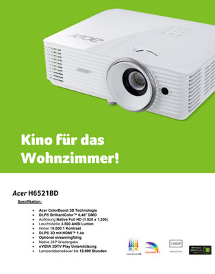 TOP High End Full-HD Beamer Acer H6521BD@ 3.500 AnsiLumen@Flüsterleise@wie NEU