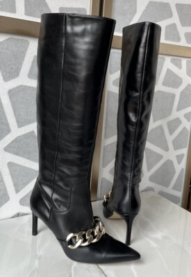 Zara Sz 39 8 8.5 Black Heeled Leather Knee High Boots With Chain