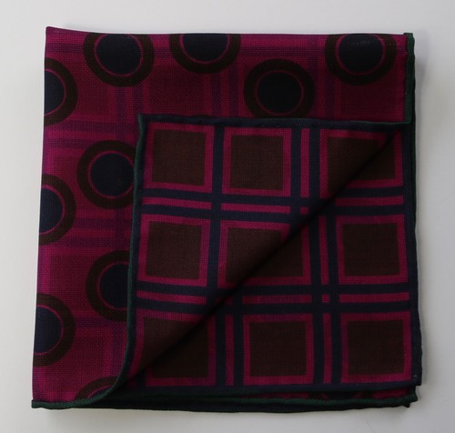 Reversible Pocket square Magenta, blue & brown Geometric 38cm square Hand rolled - Picture 5 of 6