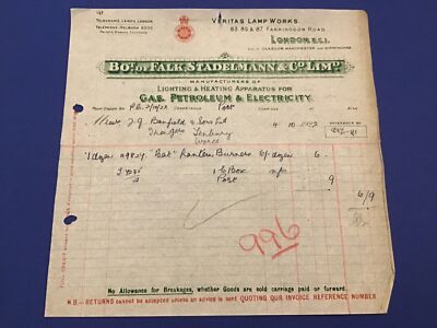 Falk Stadelmann & Co Ltd London Gas Petroleum Lighting 1922 Quittung R43345
