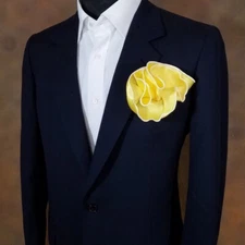 NEW - Men's 2-in-1 Pouf Round Pocket Square - Yellow Satin with White Trim