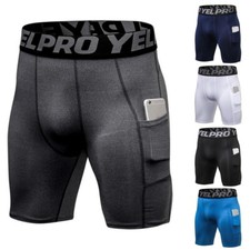 Quick Dry Men's Tights Compression Shorts with Phone Trunks Pocket Gym Sports UK
