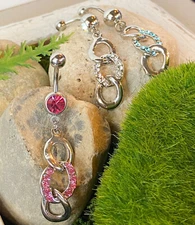 Triple Loop Belly Ring Navel CZ Gem Paved Circle Clear, Pink, Aqua