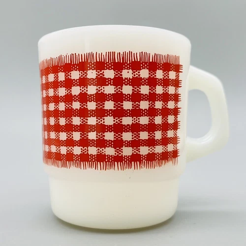Anchor Hocking FIRE KING Red Checkered Stackable Coffee Mug Gingham Plaid VTG