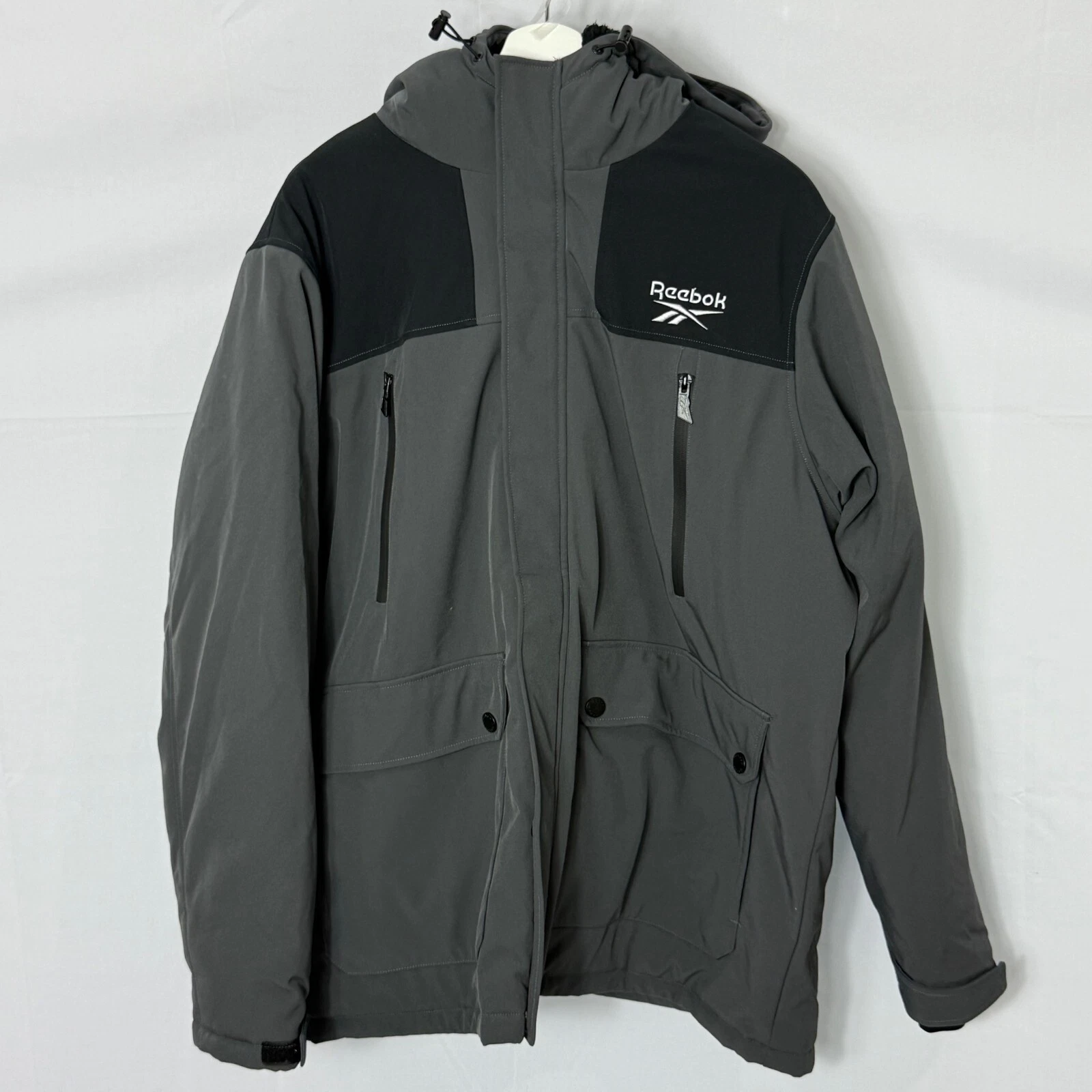 Reebok Hooded Winter Coat Jacket Mens Size XL Gray & Black Full Zip Pockets