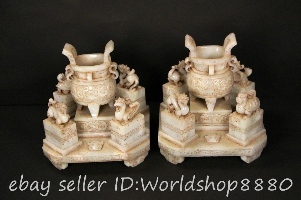 7" Old Chinese Hetian Jade Nephrite Dragon Seal Signet incense burner Set - Image 2 of 4
