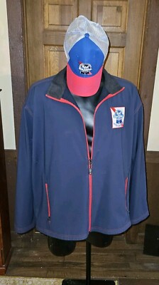 Pabst Blue Ribbon” Boardroom L Jacket Navy W/Red Zipper W/ Hat New