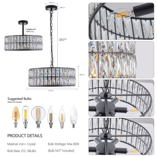 18" Modern K9 Crystal Chandelier Black Round Drum Pendant Light Ceiling Fixture - Picture 2 of 10