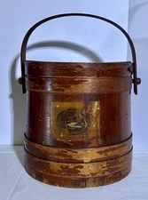 1920s Shaker Style Firkin Pine Sewing Pantry Storage Bucket Lid & Handle Signed