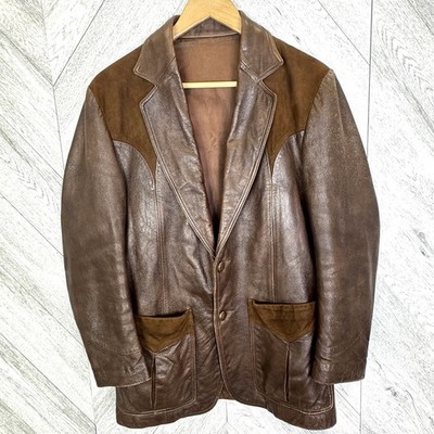 Vintage Western Leather Blazer Jacket Mens Medium Yoke Cowboy Ranch Rodeo