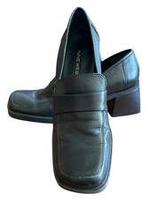 Nine West Slip On Heeled Leather Loafers Women Size 9 Black Chunky Heels Shoes