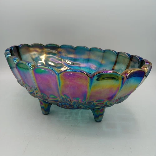 Blue Carnival Glass Large Footed Fruit Bowl Harvest Grape Pattern Vintage READ