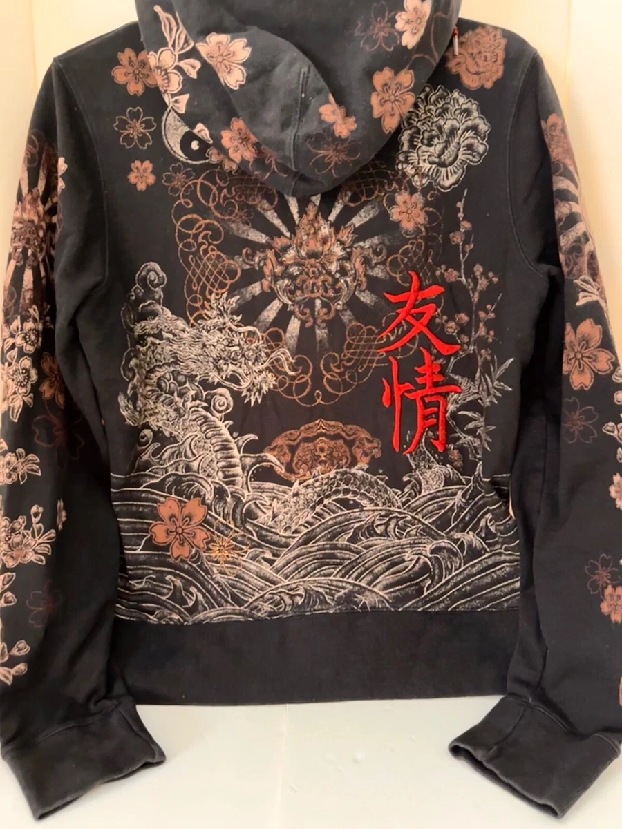 LARGE VINTAGE LUCKY BRAND DRAGON HOODIE Y2K ASIAN EMBROIDERED GRAPHICS YING  YANG