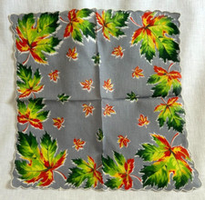 Vintage Ladies Cotton Handkerchief 13 in x 13.5 in Leaves Scalloped Bright Color