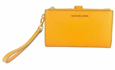 Michael Kors Jet Set Travel Double-Zip Wristlet Marigold Leather Yellow NWT FS Y