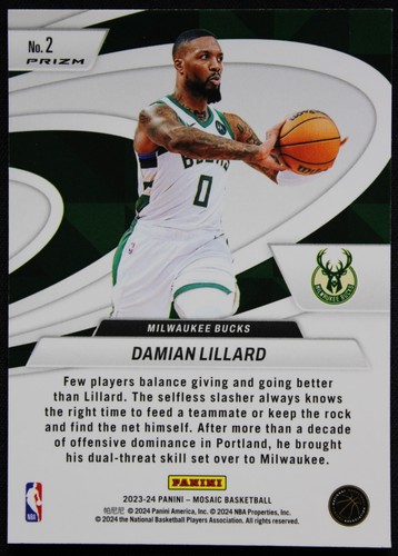 2023-24 Panini Mosaic Prizm Give And Go Green Damian Lillard #2 - Picture 2 of 7