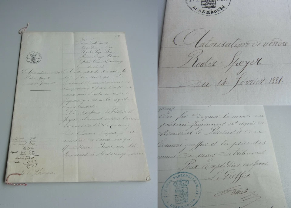 Frz. Dokument LUXEMBURG 1881, Grundstücke FENTANGE & HESPERANGE (Reuter Speyer) - Bild 1 von 1