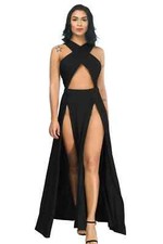 New Sexy Cross Strap Off Shoulder Solid Color Split Dress Women Party Club Dress