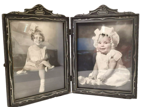Victorian Era Hinged Bi-Fold picture frame.  Comes with 2 bw pictures of kids - Picture 1 of 11