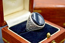 Yemeni Black Agate Ring 930 Silver Handmade Men Vintage Islamic