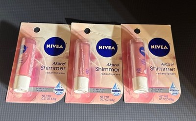 3 NEW Nivea A KISS OF SHIMMER Radiant Lip Care ~ Pearl & Silk Extracts. See Pics