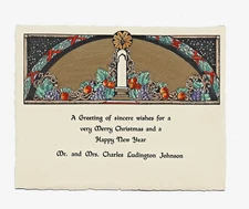 Vtg Christmas Card ART DECO White Candle Centered in Arch with Array of Fruits
