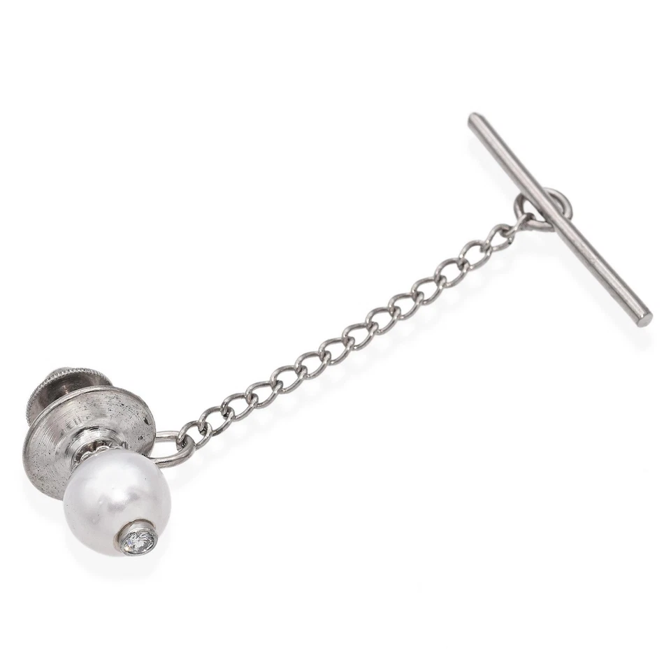 Corbata vintage de oro blanco de 14K con perlas y diamantes Foto 3 de 4