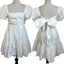 En Saison Womens Juliet Eyelet Puff-Sleeve Mini Dress Sz Small White Tie Back