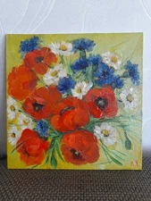 red poppy original oil painting, meadow flowers art, bouquet of meadow flowers