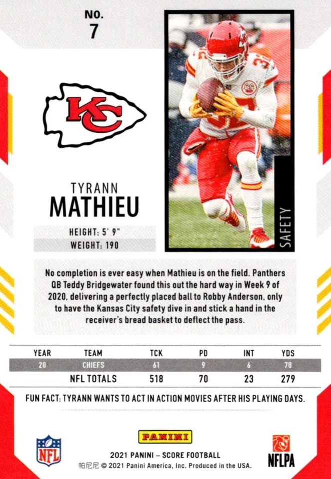 2021 Score Gold Tyrann Mathieu Kansas City Chiefs #7 - Image 2 of 2