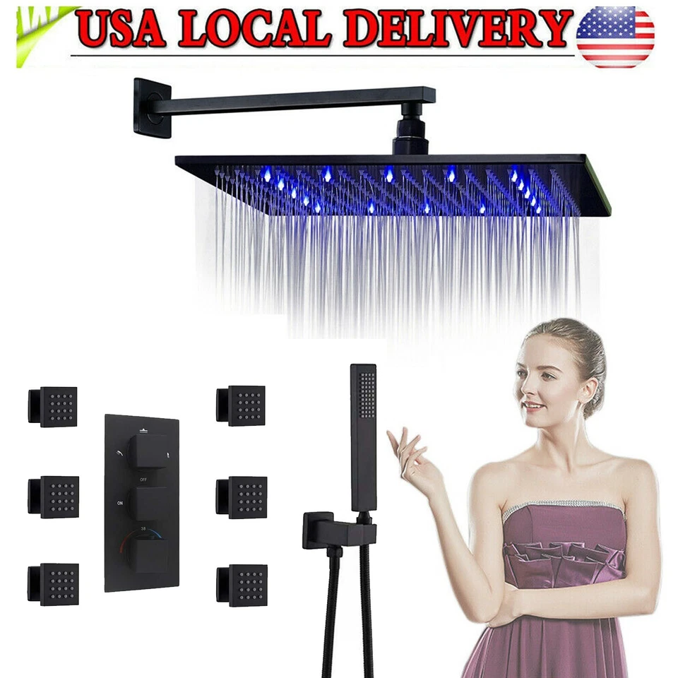 Black 16" LED Rain Shower Faucet Set Thermostatic Valve Massage System Combo Kit - Image 2 of 4