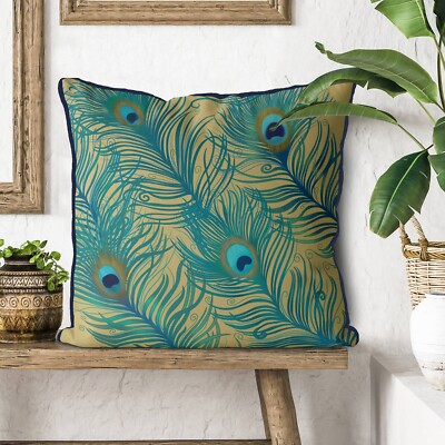 FABFUNKY PEACOCK FEATHERS on GOLD CUSHION