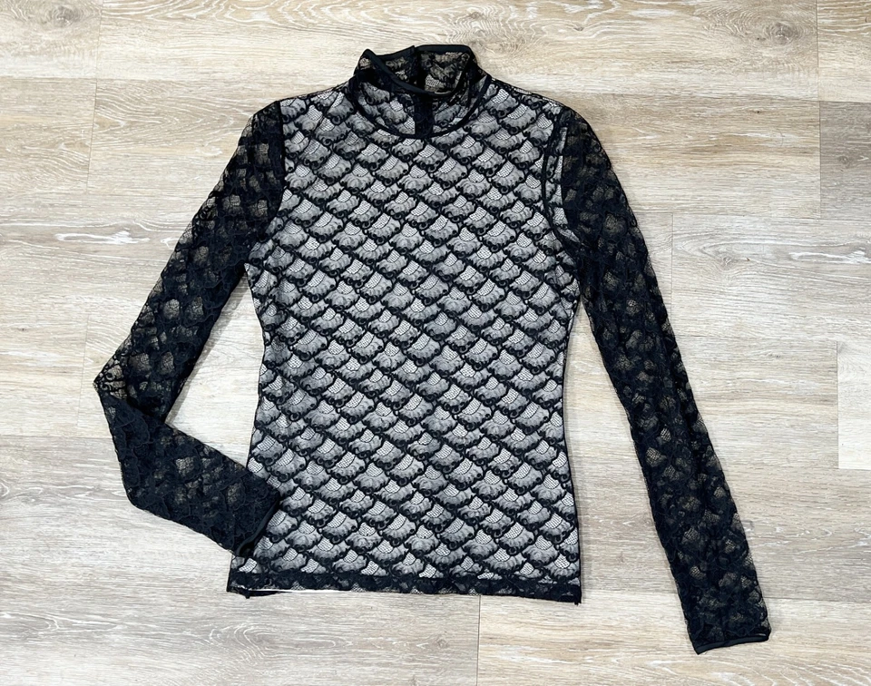Blusa Top Diane von Furstenberg Talla 4 Negra Abanico Encaje S Transparente Cuello Simulado Para Mujer