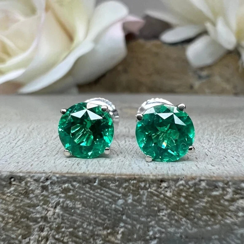 5ct Lab-created Emerald 925 Silver Stud Earrings 14K Yellow Gold Plated Silver - Image 3 of 4