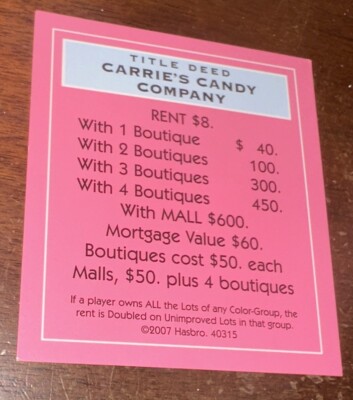 Vtg Monopoly Barbie Boutique Ed. 2007 Replacement Pc Carrie s Candy Company Card