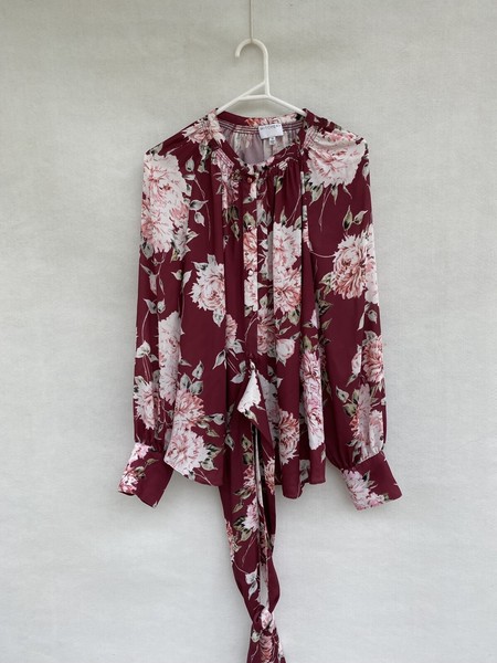 🦋 WITCHERY SILK LOOK red Floral Tie Waist Blouse Shirt Tee 16 XL