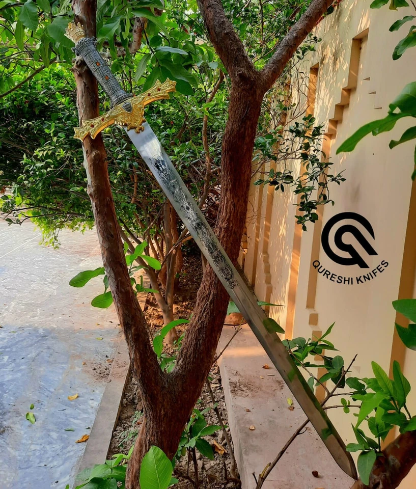 Espada medieval, espada de acero inoxidable hecha a mano, espada vikinga, con cubierta de cuero Foto 4 de 4