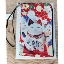 NWT CUTE  Maneki Neko Japanese Lucky Fortune Cat Zipper Pouch