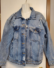 Ladies Jeans Jacket Distressed 4 Pocket Light Wash Celebrity Pink Sz M