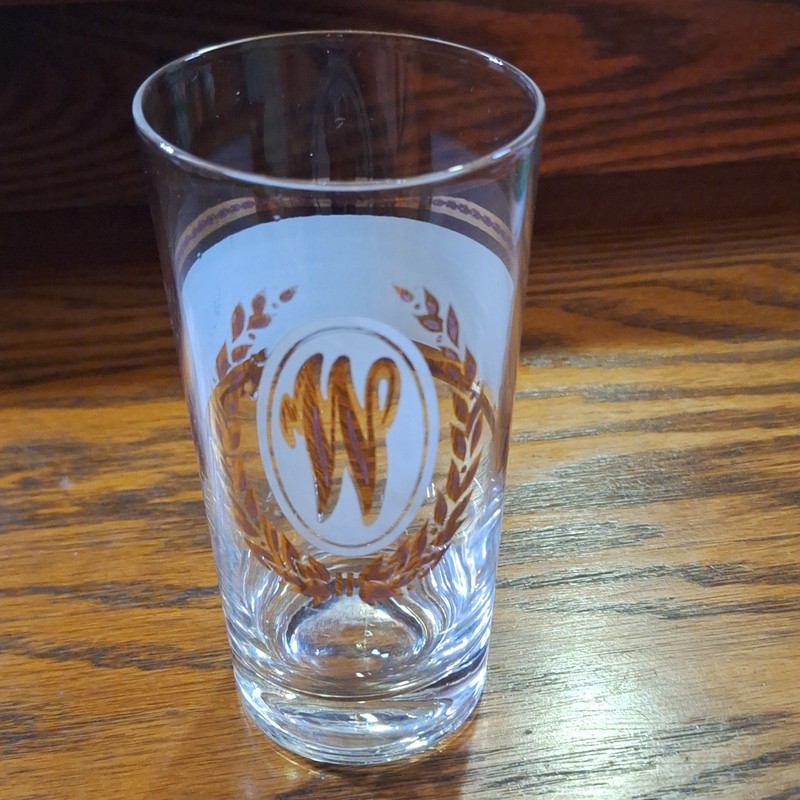 12 oz Clear Glass Beer Glass Tumbler White & Gold Monogram Mid-Century