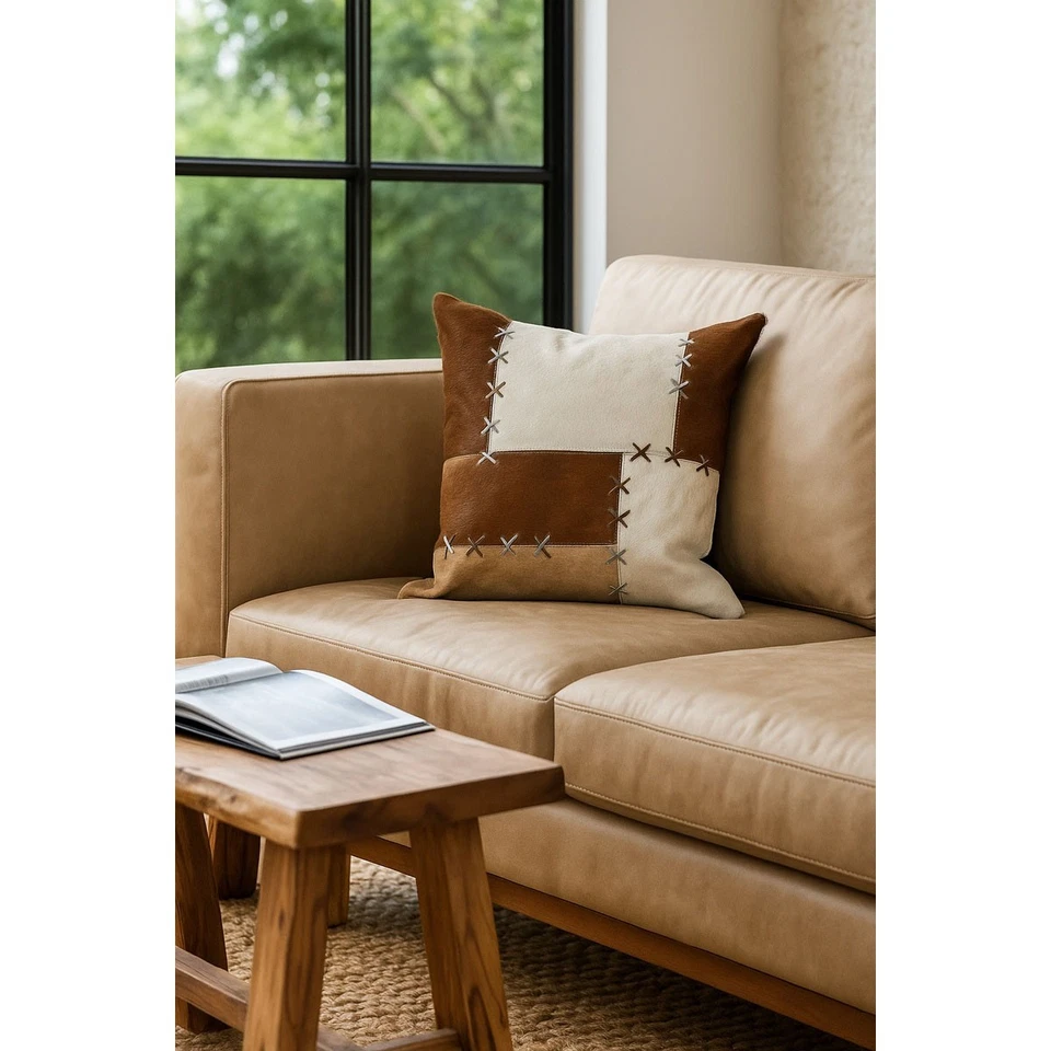 Patchwork Cowhide Leather Cushion Cover - Rustic Luxe Decor - Image 2 of 4