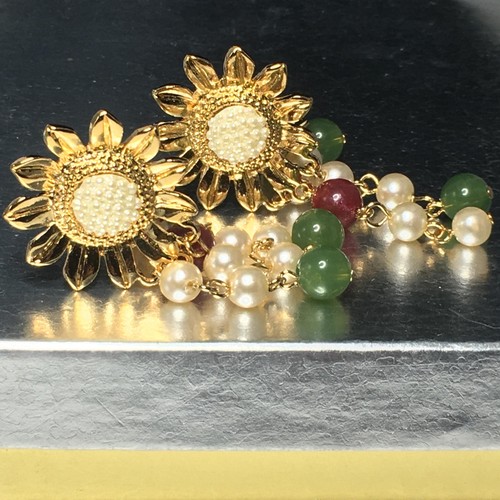 VTG Lacy Afternoon by Shell Kepler Sunflower Clip Earrings Beaded Dangles 2.5" - Picture 24 of 24