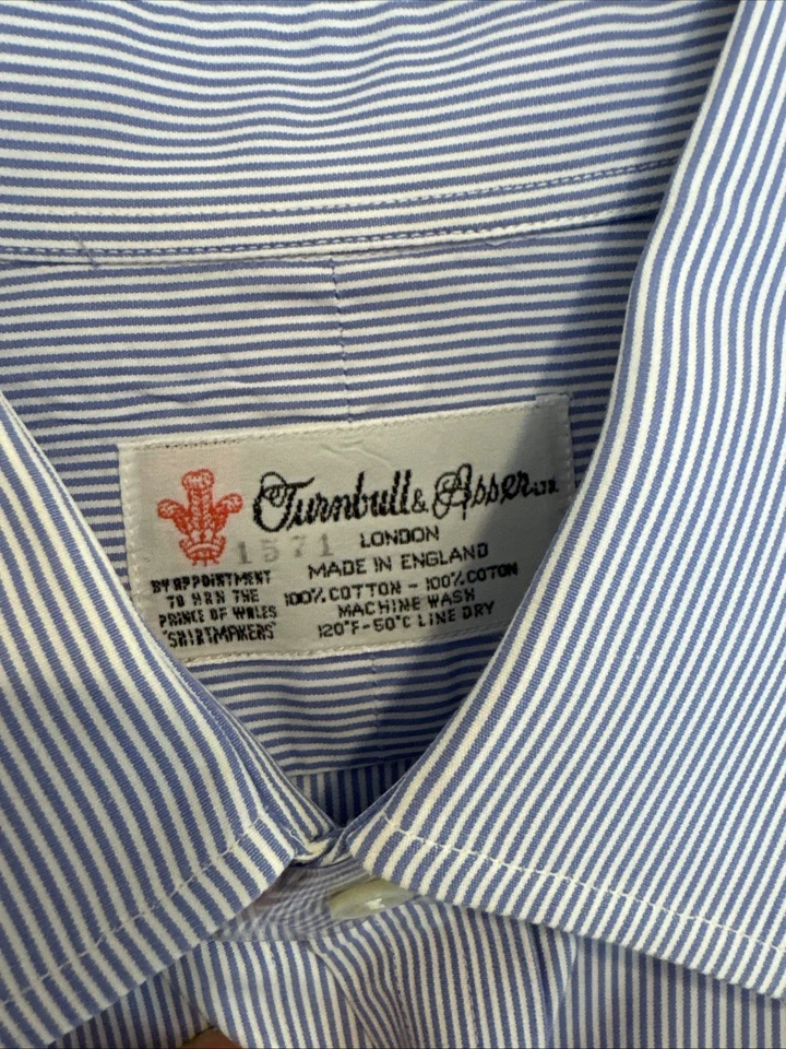 Turnbull & Asser London Blue Bengal Stripe Shirt Long Sleeve French Cuff Mens 16 - Image 3 of 4